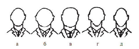 Рис. 15.2. Форма лица: а - овальное; б - круглое; в - прямоугольное; г - треугольное; д - ромбовидное